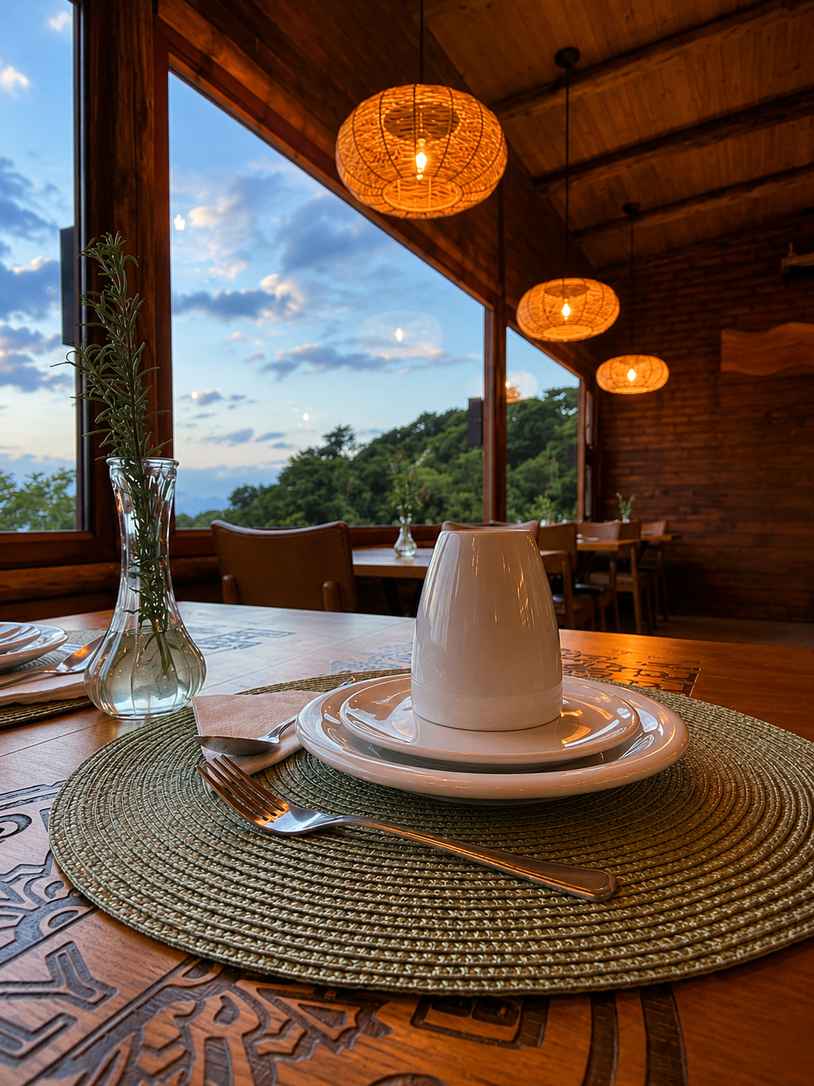 Evening bistro setting with warm woven pendant lights and panoramic windows