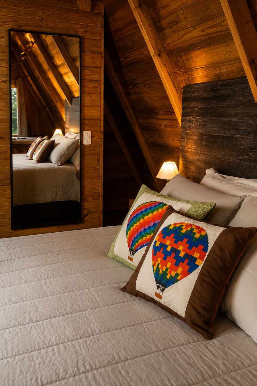 Cozy A-frame cabin bedroom with warm wood interior and handcrafted pillows